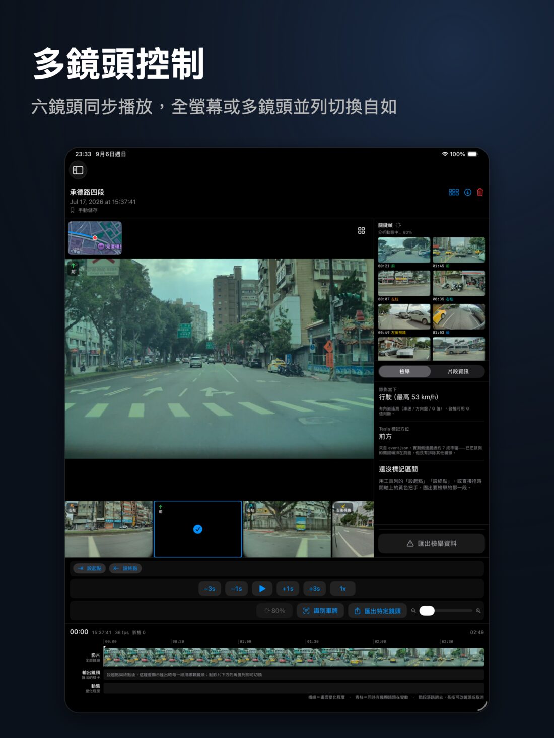 多鏡頭控制：iPad 播放畫面，影片、鏡頭縮圖列與右側關鍵幀同時顯示