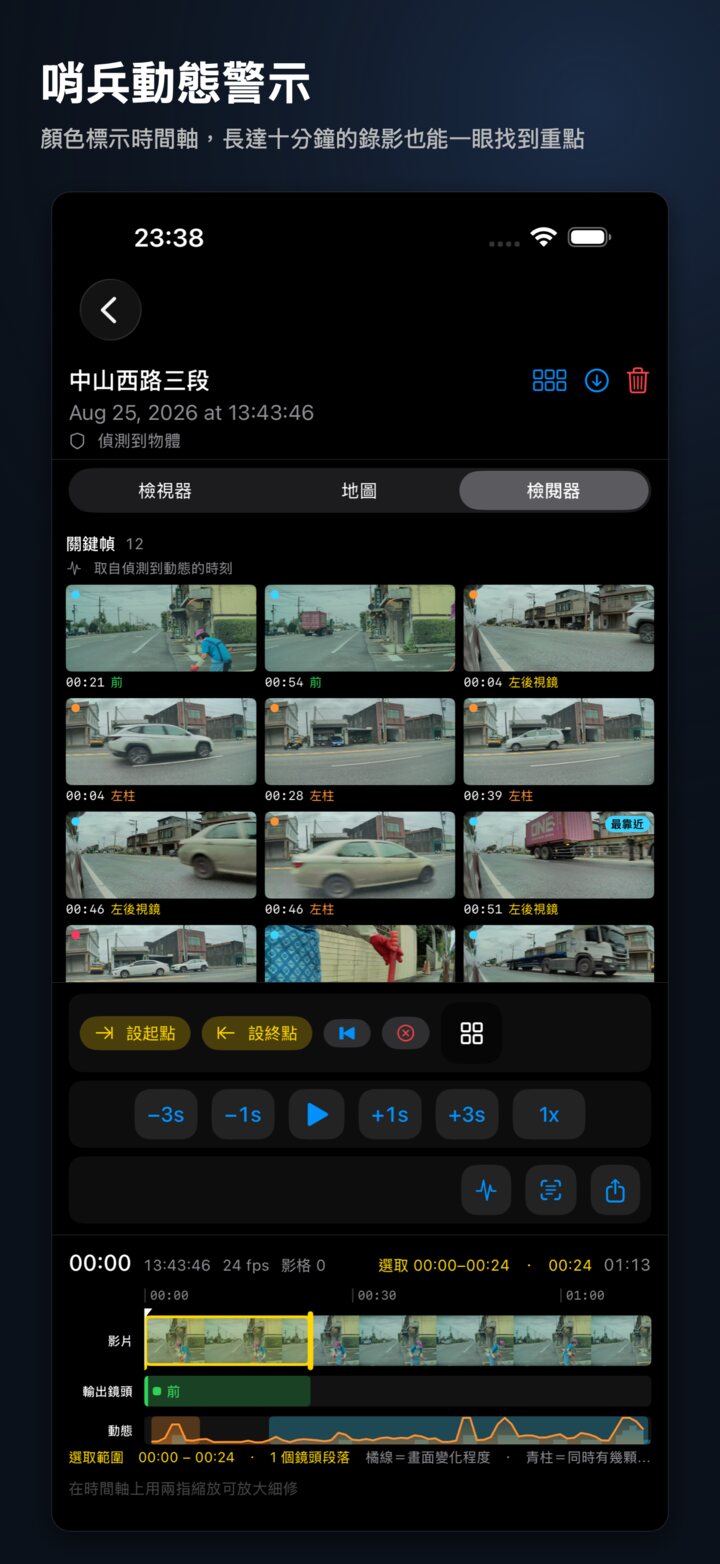 哨兵動態警示：iPhone 檢閱器分頁的關鍵幀，與時間軸上的動態軌