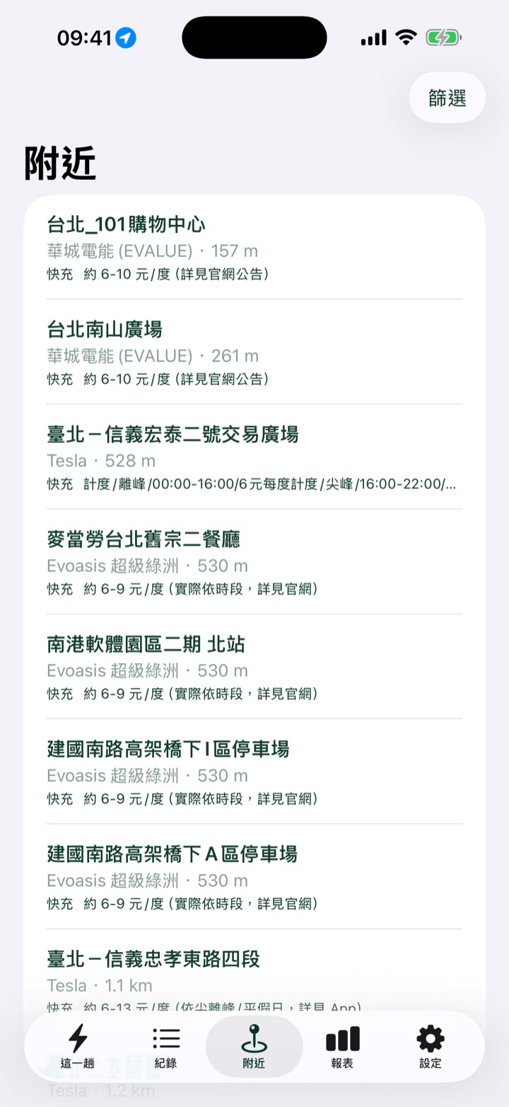 iPhone 附近頁：由近到遠列出台北 101、南山廣場等充電樁，每列有品牌、距離和費率