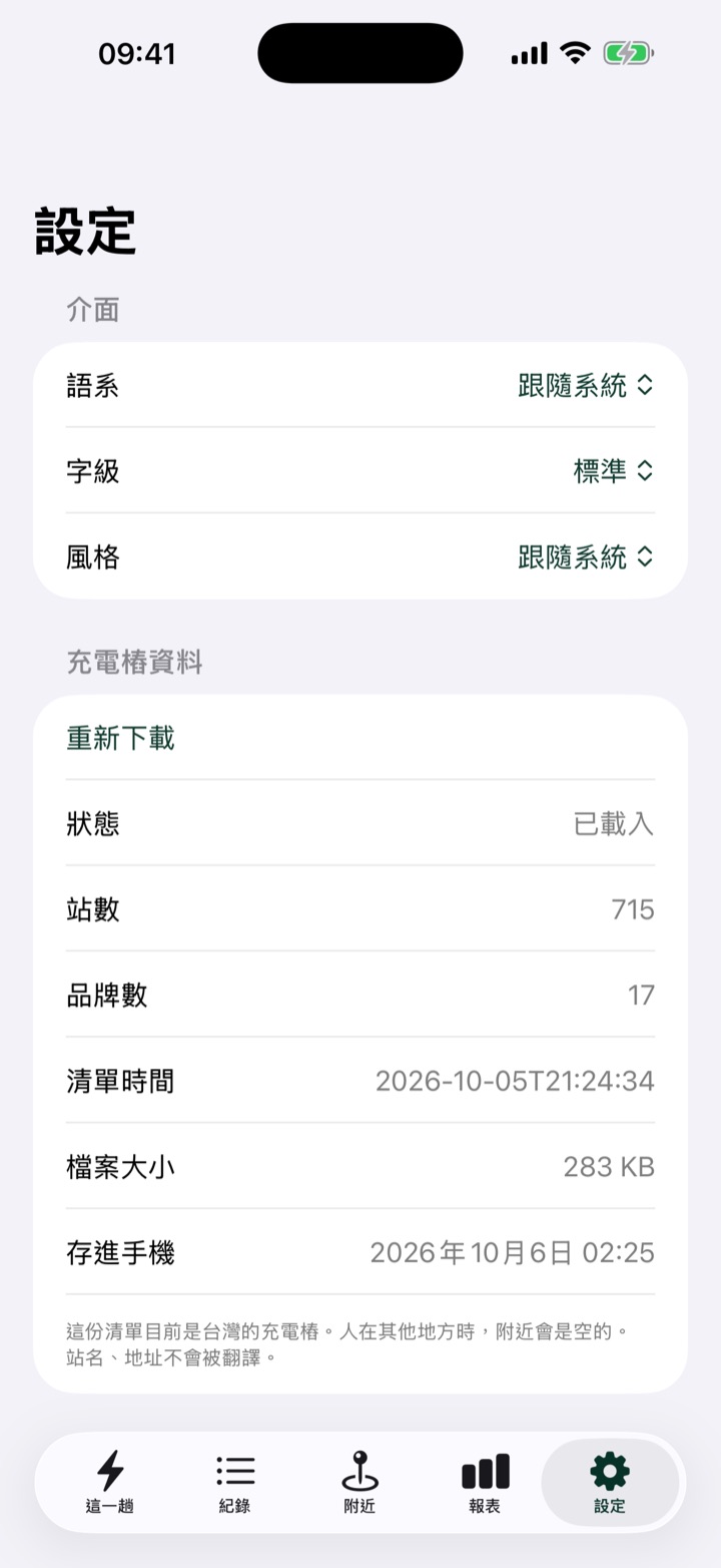 iPhone 設定頁：語系、字級、風格，以及充電樁資料已載入 715 站、17 個品牌